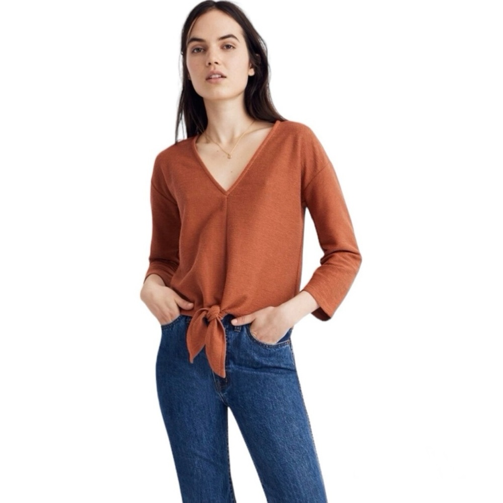 Madewell Texture & Thread Ribbed Tie Front Top size L